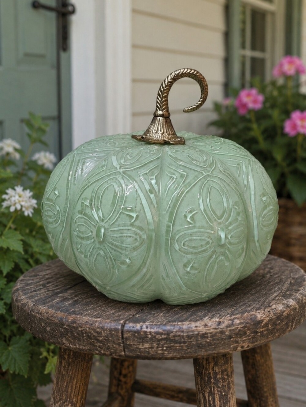 Art Glass Spring Decor Green Jadite Brass Stem Embossed Pumpkin Light Up Battery